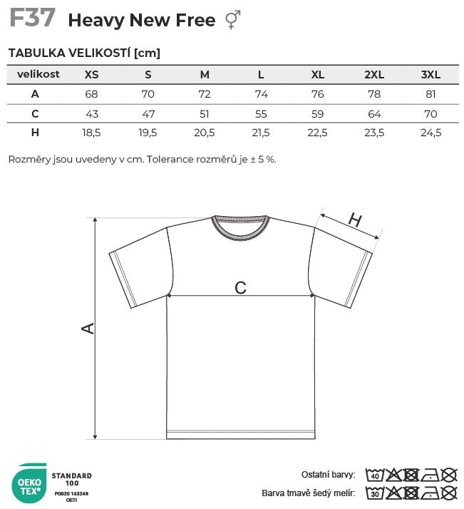 F37 Heavy New Free tričko unisex Tabulka velikostí